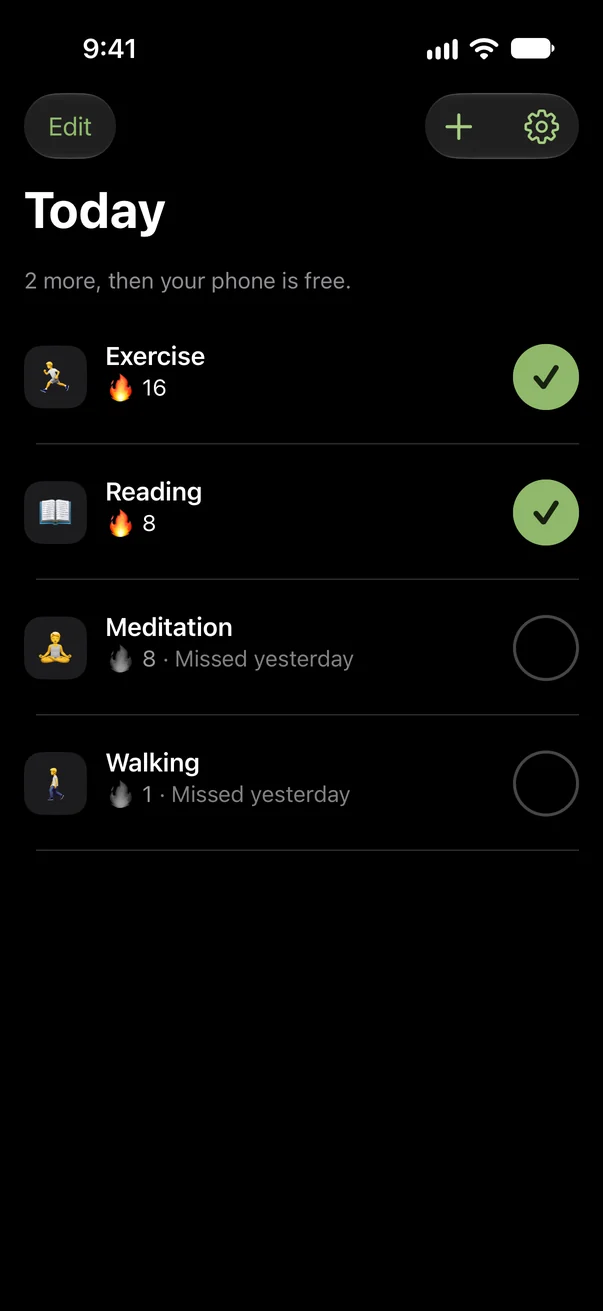 The app with four good habits. Exercise and Reading are checked off. Meditation and Walking are still open, missed yesterday, their flame is grey.
